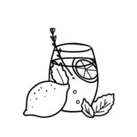 Lemonade Glass with Lemon Fruit. Sketch in doodle style. Refreshing summer drink with lemon, mint and rosemary. illustration isolated on a background. Gin Fizz cocktail. vector