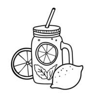 Lemonade in Mason jar glass and Straw with Lemon Fruit. Summer refreshment beverage illustration isolated on a white background. Black and white outline drawing in Doodle style. For bar menus and vector