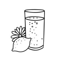 Lemonade Composition. Glass with Lemon Fruit and Daisy Flower. Summer refreshment beverage illustration isolated on a background. Black and white outline drawing in Doodle style. For restaurant menus vector