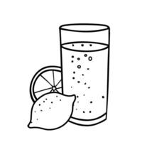Lemonade Glass with Lemon Fruit. Summer refreshment beverage illustration isolated on a white background. Black and white outline drawing in Doodle style. For restaurant menus and graphic design vector