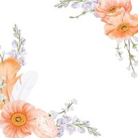 Spring Easter square Frame, Border. Corner bouquets from Feathers, Iceland Poppies and Ranunculus Flowers, Freesia and Snow Willow Branches. Watercolor hand painted botanical illustration. vector