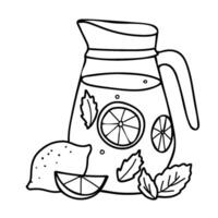Lemonade Jug with Lemon Fruit and mint. Summer refreshment beverage. Hand drawn illustration in Doodle style isolated on a background. For restaurant menus and graphic design projects. vector