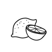 Lemon whole Fruit and Half Slice. Hand drawn doodle elements of Citrus. Black and White line art isolated on a white background. For product packaging, menu, logos. vector