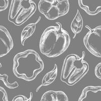 Hand drawn seamless pattern with bell pepper and leaves. White outline on grey background with emphasis on natural shapes and details. vector