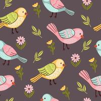 Hand drawn seamless pattern with pastel fantasy birds, branches, and flowers on a dark background in a flat cartoon style. vector