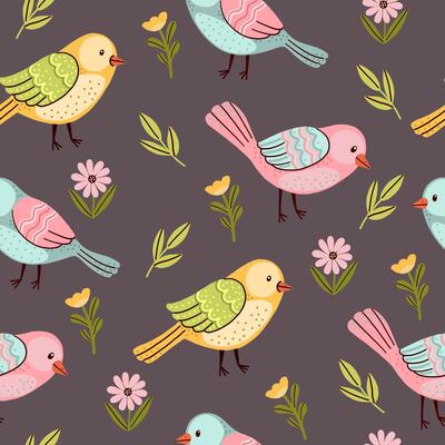 Hand drawn seamless pattern with pastel fantasy birds, branches, and flowers on a dark background in a flat cartoon style.