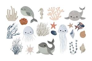 Set features a collection of isolated marine animals in a kawaii style. Included are images of whales, seaweed, seashells, corals, and small fish, all designed in a cute flat style. vector
