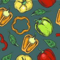 Colorful seamless pattern featuring red, yellow, and green bell peppers with sliced pieces and leaves arranged in a seamless pattern. Ideal for kitchen and food designs vector
