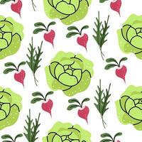 Seamless pattern with cabbage, radish and arugula on white background. Colorful illustration with vegetables, perfect for textile, wallpaper or kitchen decor. vector