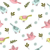 Seamless pattern featuring fantasy birds in soft pastel tones on white background, perfect for textile design, wallpapers, and gentle decor themes vector