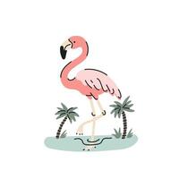 Pink flamingo stands in water against palm trees background, flat style illustration vector