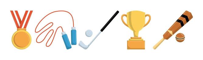 A selection of sporting equipment, representing a variety of activities and athletic pursuits, arranged in a row highlighting achievement and fitness. vector
