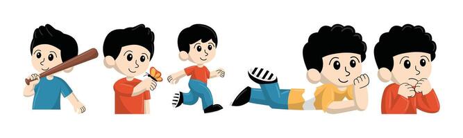 Illustration of a cartoon boy in various poses and emotions, playing baseball, catching a butterfly, running, lying down, and looking anxious. vector