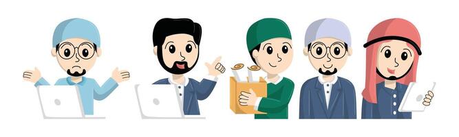 Group of cartoon Muslim entrepreneurs using technology to present innovative ideas, showcasing diversity and collaboration in modern business. vector
