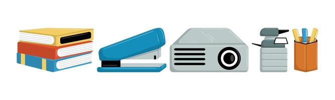 Colorful illustration featuring a stack of books, stapler, projector, printer, and pen holder, representing common workplace and educational tools. vector