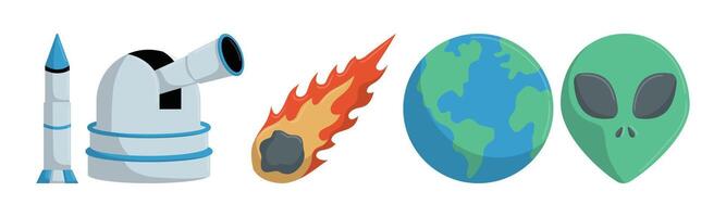 Whimsical cartoon illustration featuring space exploration, including a rocket, observatory, planet earth, comet, and an alien face, highlighting the wonders of the universe. vector