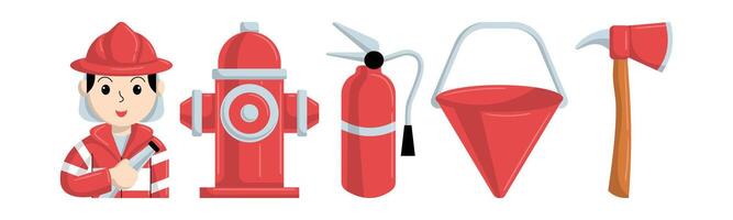 Cartoon firefighter with various firefighting tools, hydrant, extinguisher, bucket and axe. A graphic representation of emergency response. vector