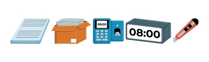 An illustration that features office essentials. The items depicted include a paper stack, a cardboard box, attendance reader, an electronic watch and a cutter. vector