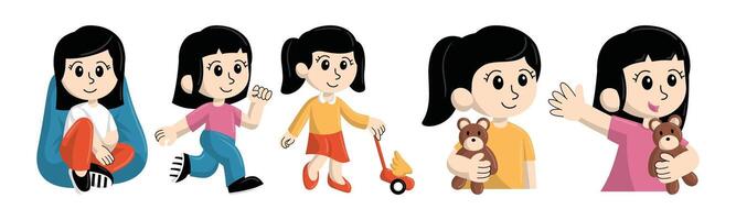 Illustration of an animated girl in different poses, displaying everyday childhood activities with cheerful and playful elements. vector