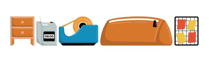 Illustration of a tidy desk featuring drawers, a clock, tape dispenser, a bag, and sticky notes. vector