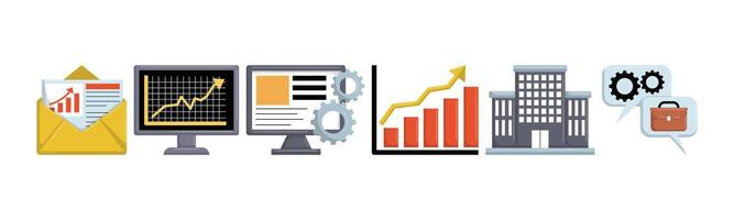 Business performance analysis using infographics and diagrams. Ideal for showcasing growth strategies, financial data, and corporate development. vector