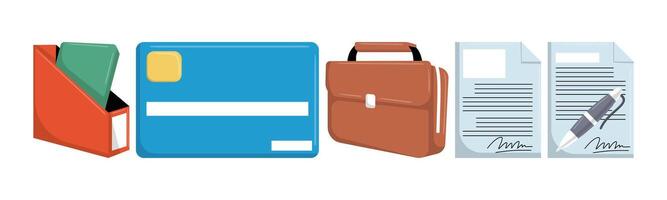 A conceptual illustration representing a business environment with a folder, credit card, briefcase, and signed documents, ideal for financial and organizational themes. vector