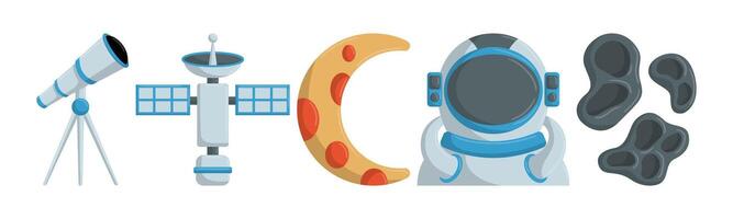 Stylized cosmic exploration elements arranged in a illustration. It includes astronaut, telescope, satellite, moon and craters, perfect for illustrating concepts of space and discovery. vector