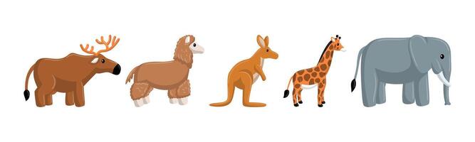 An illustrative display of cartoon animal characters, designed for children's books, showcasing a colorful depiction of wildlife from different countries. vector