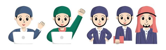 Diverse muslim professionals in animated style, expressing success and progress in modern workplace. Illustration, emphasizing cultural diversity and modern muslims. vector