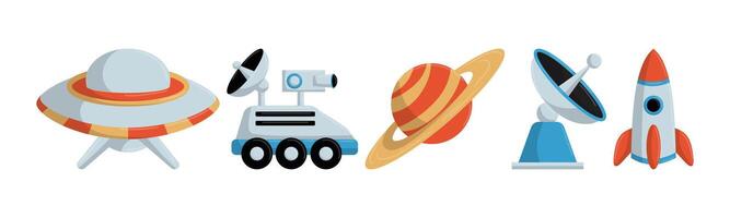 A group of images showcases a rocket, planet, rover, satellite dish and a UFO in a cartoon style. Great for themes like space exploration. vector