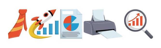 A conceptual illustration depicting business growth, featuring elements like a rocket, charts, and a magnifying glass to symbolize analysis and exploration for success. vector