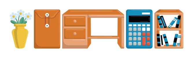 A colorful illustration presenting essential desk items neatly arranged. These objects may represent education, workplace, or domestic environments. Perfect for design or graphic resources. vector