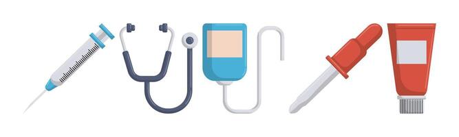 A collection of diverse medical tools, including a syringe, stethoscope, dropper, and tube of cream, illustrating various healthcare and treatment applications. vector
