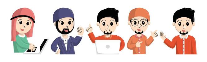A group of diverse cartoon characters, including muslims, working together with laptops, symbolizing diversity, inclusion and technology. vector