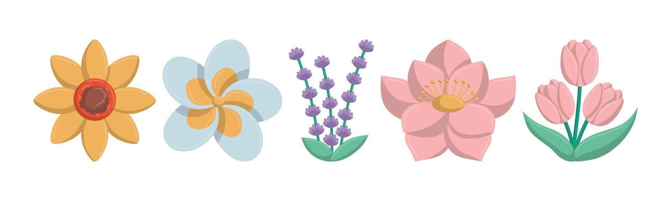 An illustration showcasing a collection of stylized, colorful flowers, ideal for decorative designs and springtime themes.