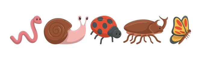 A collection of cartoon-style insects including a worm, snail, ladybug, beetle, and butterfly. Ideal for children's books or educational resources. vector