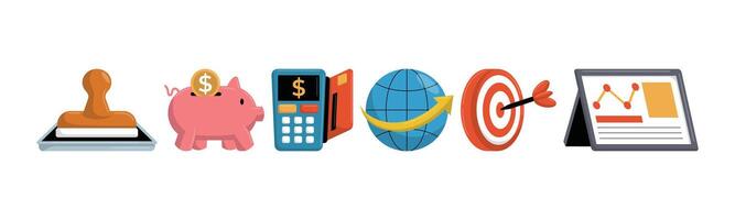 Illustrations displaying business processes, investment, global target, data analytics, chart, and wealth management. vector