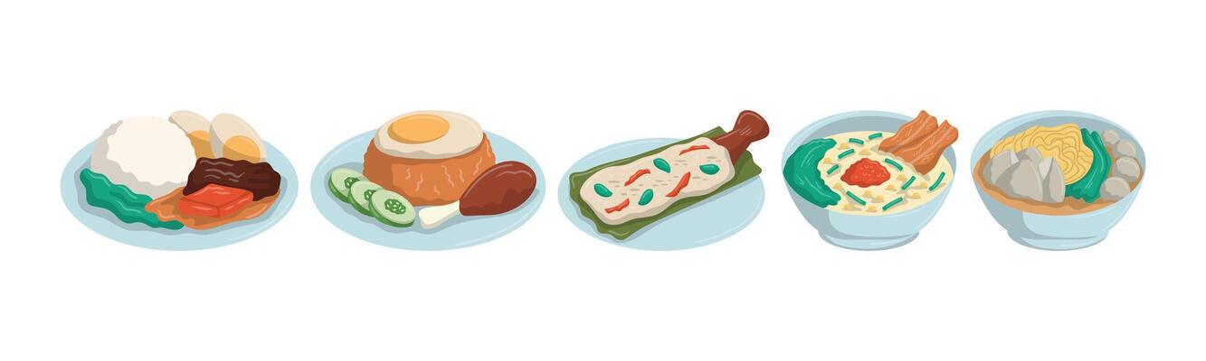 A collection of five Indonesian food illustrations. Various well-known dishes are showcased, perfect for culinary design, cultural projects and restaurant decoration.