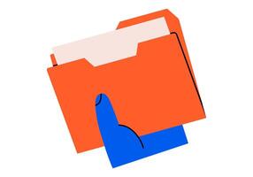 Hand drawn cute illustration of hand holding folder with documents. Flat file archive in arm doodle. Planning or time management icon. Paper office data. Catalog or organizer. Isolated. vector
