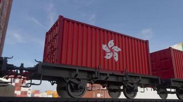 Containers with the flag of Hong Kong. Railway transportation. 3d illustration photo