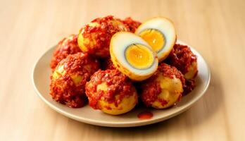 Authentic telur balado served with spicy red sambal on a traditional plate photo