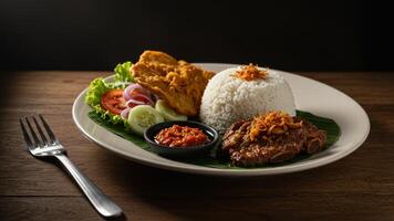 Grilled beef ribs served with sambal, rice, and fried chicken on a rustic plate photo