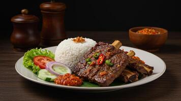 Grilled beef ribs served with rice, sambal, and fresh vegetables on a rustic plate photo