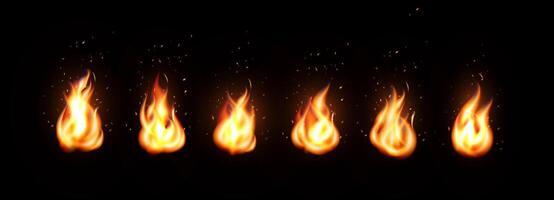 Realistic burning fire icon set. Bright hot flame with glowing light, heat effect, ember particles. Decorative design element for animation, game interface, web, app. illustration. vector