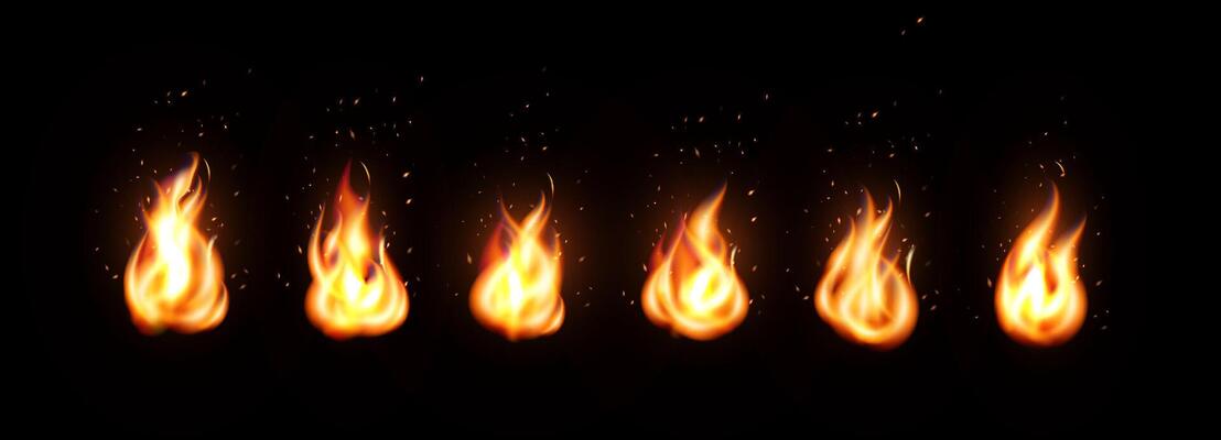 Realistic burning fire icon set. Bright hot flame with glowing light, heat effect, ember particles. Decorative design element for animation, game interface, web, app. illustration.