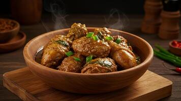 Soy sauce chicken wings with fresh green onions in a rustic bowl photo