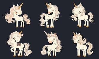 A set of flat illustrations in a simple childish style. Cute unicorns and pegasi on dark background vector