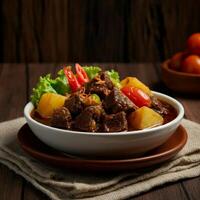 Beef stew with potatoes and tomatoes, served in a rustic bowl photo