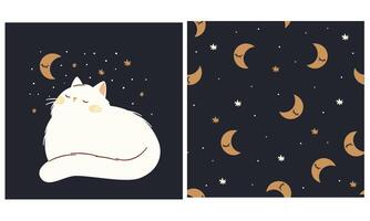 set of illustrations for printing on children's products. Cute white cat lying and looking at the moon and stars. Seamless pattern with stars and moon vector