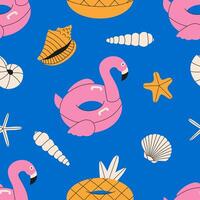 Seamless pattern inflatable rings pink flamingo and shells pattern. Summer pattern design. Flat illustration. vector